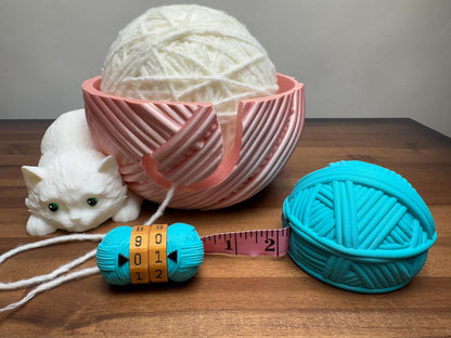 Crochet yarn bowl with cat, stitch counter, measuring tape folder